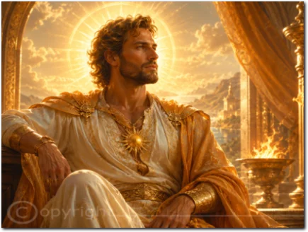 Selbstbewusster Mann in goldener Kleidung vor einer sonnenbeschienenen Palastkulisse