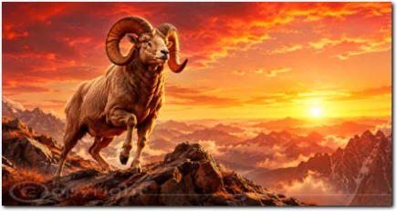 Widder auf einem felsigen Berggipfel vor einem leuchtenden Sonnenaufgang