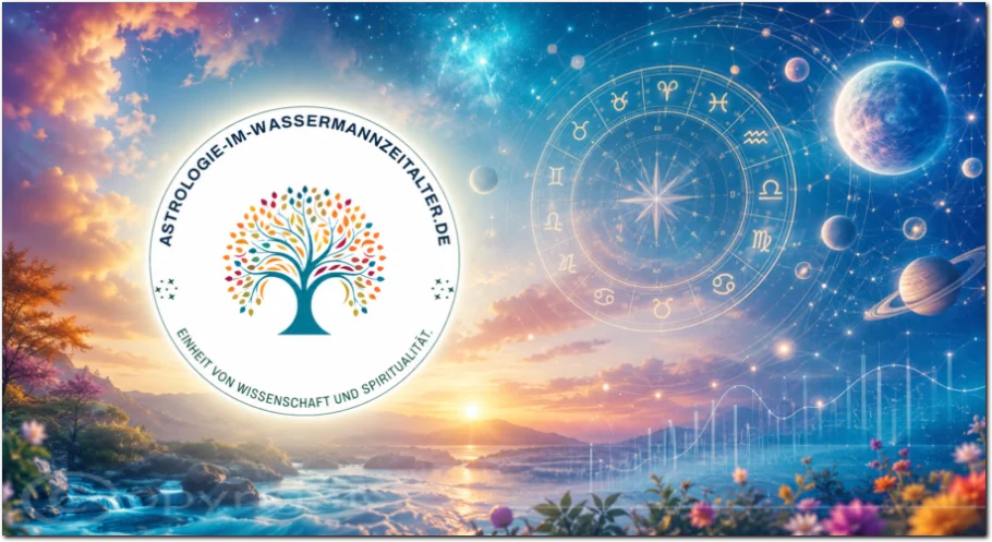 Vollständiges Logo der Website vor einer farbigen kosmischen Landschaft mit Tierkreis, Planeten und Symbolen astrologischer Prognosen.