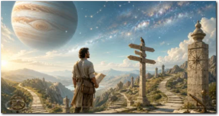 Rückläufiger Jupiter im Schützen als Suchender an einer Wegkreuzung unter weitem Sternenhimmel mit Jupiter.