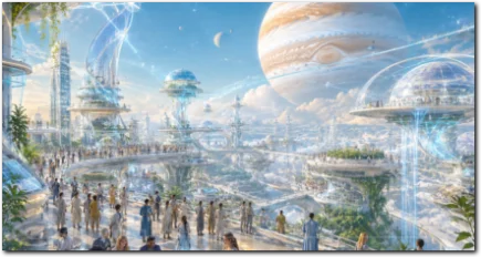 Jupiter im Wassermann als futuristische Stadt mit Menschen, Lichtverbindungen und großem Jupiter am Himmel.