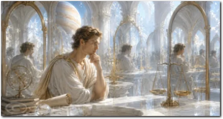 Rückläufiger Jupiter in der Waage als nachdenkliche Gestalt zwischen Spiegeln und Waagen in lichtvoller Architektur.