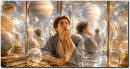 Rückläufiger Jupiter in den Zwillingen als nachdenklicher Gelehrter zwischen Spiegeln, Büchern und leuchtenden Himmelskugeln.