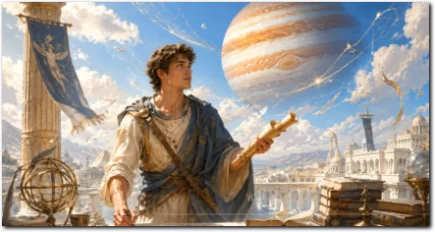 Jupiter in den Zwillingen als junger Gelehrter mit Schriftrolle vor weitem Himmel und Planetensymbolik.