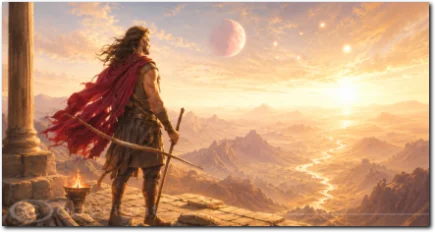 Rückläufiger Mars im Schützen als Reisender mit Bogen vor weitem Horizont und untergehendem Licht.