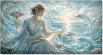 Eine Frau liest ein Schriftstück am Meer, umgeben von Wasser, Licht und Fischen.