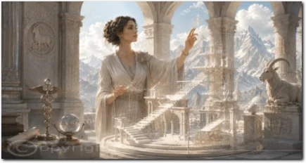 Eine Frau betrachtet eine transparente Architektur aus Treppen und Säulen in einer hellen Berglandschaft.