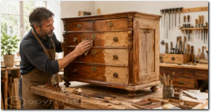 Ein Handwerker restauriert sorgfältig eine alte Kommode in seiner Werkstatt.