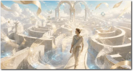 Ein junger Mann steht in einem hellen Labyrinth mit schwebenden Seiten und offenen Bögen.