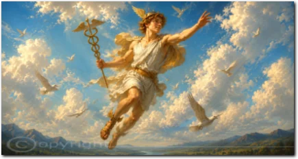 Merkur mit Flügeln und Stab bewegt sich durch einen hellen Himmel mit fliegenden Vögeln.