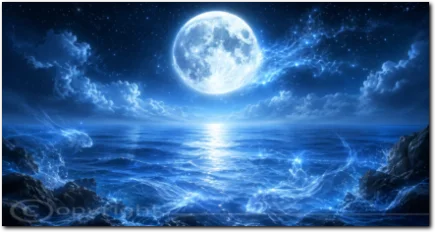 Ein leuchtender Vollmond über dem Meer mit schimmernden, fischartigen Lichtgestalten im Wasser.