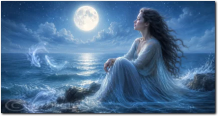 Eine Frau in hellem Gewand sitzt bei Vollmond am Meer und blickt still über das Wasser.