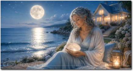 Frau hält eine leuchtende Muschel am Meer unter dem Vollmond