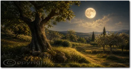 Alter Baum in einer weiten Landschaft unter dem Vollmond