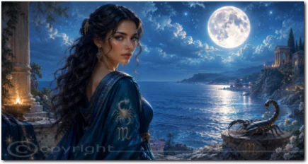 Frau mit Skorpion am Meer unter einem leuchtenden Vollmond
