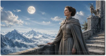 Frau auf einer Bergterrasse unter dem Vollmond