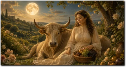 Frau mit einem Stier und einem Korb voller Früchte in einer mondhellen Landschaft