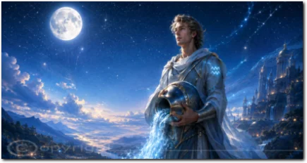 Wassermann mit einem Krug unter dem Vollmond und einem Sternenhimmel