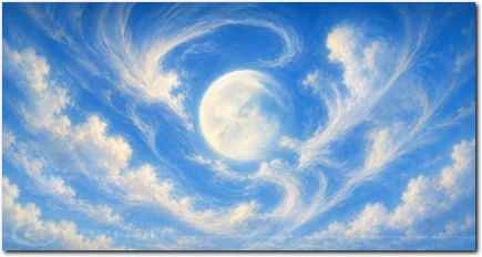 Vollmond zwischen spiralförmig bewegten weißen Wolken