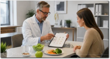 Arzt berät eine Frau zu Ernährung und gesunden Gewohnheiten in einer hellen Praxis