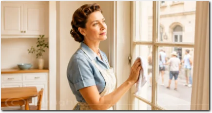 Eine Frau steht nachdenklich am Fenster und symbolisiert Erinnerung, innere Geborgenheit und emotionale Klärung bei rückläufigem Saturn im Krebs.