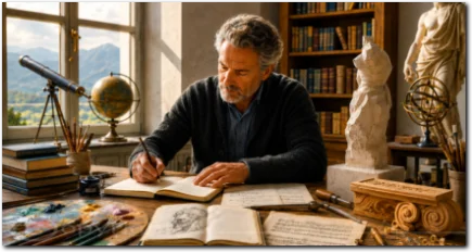 Ein Mann schreibt konzentriert in einem Arbeitszimmer mit Büchern, Globus und Skizzen und symbolisiert Erkenntnissuche, Bildung und geistige Disziplin bei Saturn im Schützen.