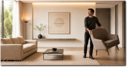 Ein Mann richtet in einem stilvollen Wohnzimmer einen Sessel aus und symbolisiert Harmonie, Ausgleich und bewusste Gestaltung bei Saturn in der Waage.