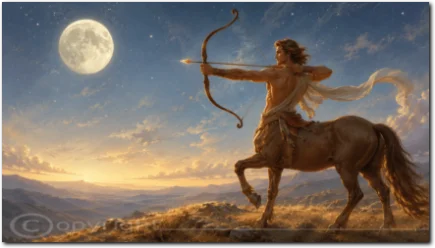 Zentaur mit Bogen unter dem Vollmond in einer weiten Landschaft