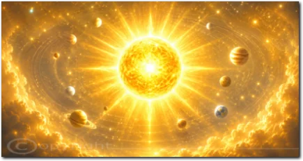 Strahlende Sonne im Zentrum eines leuchtenden Planetensystems