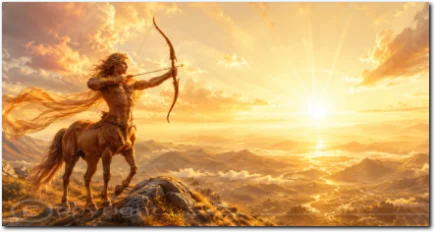 Zentaur mit gespanntem Bogen vor einem leuchtenden Horizont