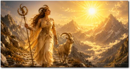 Frau mit Steinbock in einer sonnigen Berglandschaft