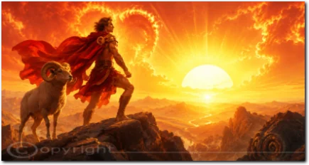 Mann und Widder auf einem Berg vor dem Sonnenaufgang