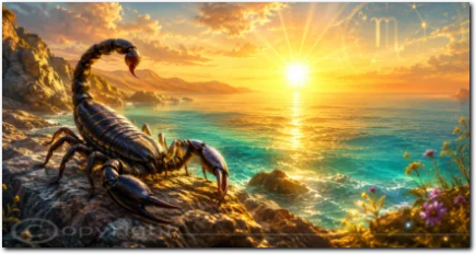 Großer Skorpion auf Felsen vor einem leuchtenden Sonnenaufgang am Meer