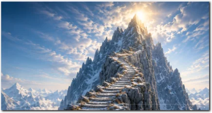 Verschneite Steintreppe führt über einen steilen Berggrat zu einem sonnenerleuchteten Gipfel