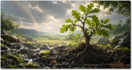 Junger kräftiger Baum mit sichtbaren Wurzeln auf steinigem Boden unter einem Regenbogen
