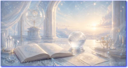 Offenes Buch, Kristallkugel und astronomische Instrumente verbinden Wissen, Wissenschaft und Spiritualität im Morgenlicht.