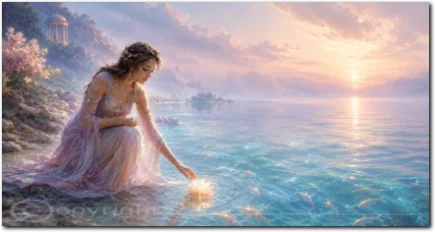 Eine Frau berührt eine leuchtende Blume im Wasser, umgeben von Meer, Fischen und sanftem Licht.
