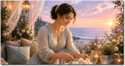 Eine Frau sitzt auf einer Terrasse am Meer und ordnet Blumen bei Kerzenlicht.