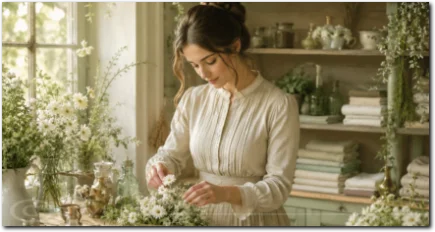 Eine Frau ordnet sorgfältig Blumen und Kräuter in einem hellen, ruhigen Arbeitsraum.