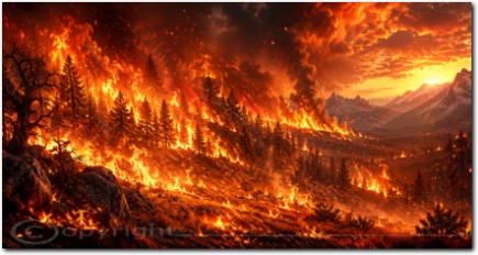 Loderndes Feuer breitet sich durch eine Berglandschaft unter einem glühenden Himmel aus